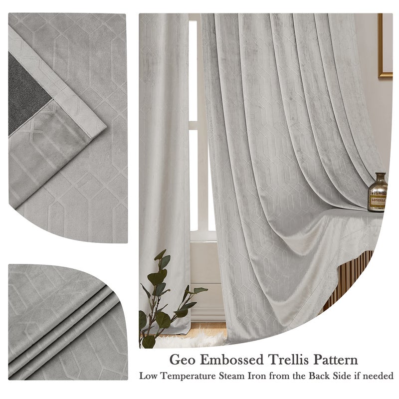 Central Park Moderate Velvet Blackout Window Curtain Panels 84in Long Rod Pocket Backtabs for Living Room Bedroom Geo EmbossedTrellis Window Treatment Drape Sets 52inx 84inx2,Panel Pairs to Go, Gray - Image 3